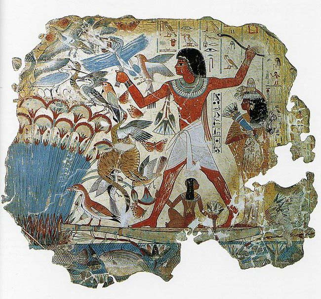约公元前1350年，18王朝晚期，内巴门在沼泽中狩猎的埃及人，内巴门墓室场景片段
