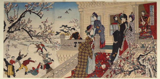 桥本千信，《雪中梅花下玩耍的孩子们》，1887年，日本木版版画，大都会艺术博物馆