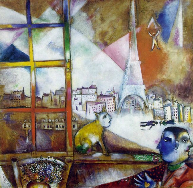 马克·夏加尔，《窗外的巴黎》，1913，布面油画，纽约古根海姆博物馆