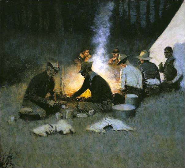 弗雷德里克·雷明顿，《猎人的晚餐》，约1909年，国家牛仔和西部遗产博物馆，弗雷德里克·雷明顿艺术课程