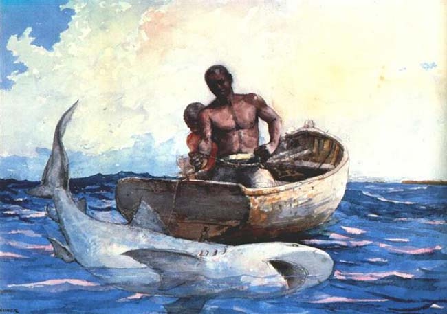 儿童艺术策展人-鲨鱼周艺术中的10条了不起的鲨鱼-温斯洛·荷马，鲨鱼捕鱼，1885