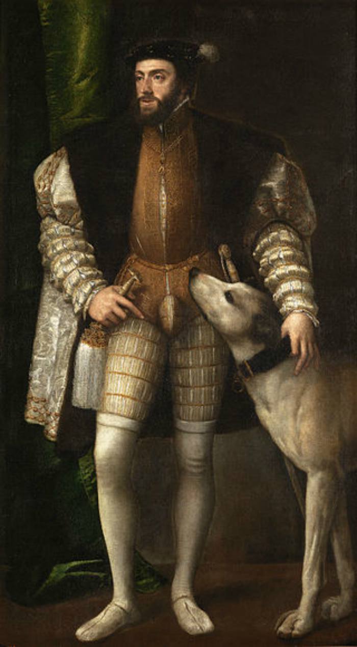 狗在艺术——提香,与一只狗,1532年查理五世的画像
