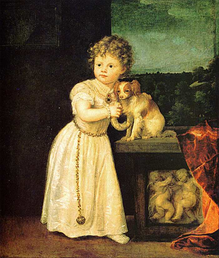 狗在艺术——提香,克拉丽莎·诗的画像,1542年