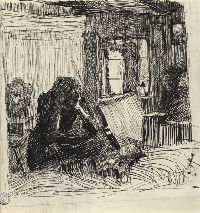 卡瑟·科尔维茨，《苦难》，1897年，艺术中的对比例子